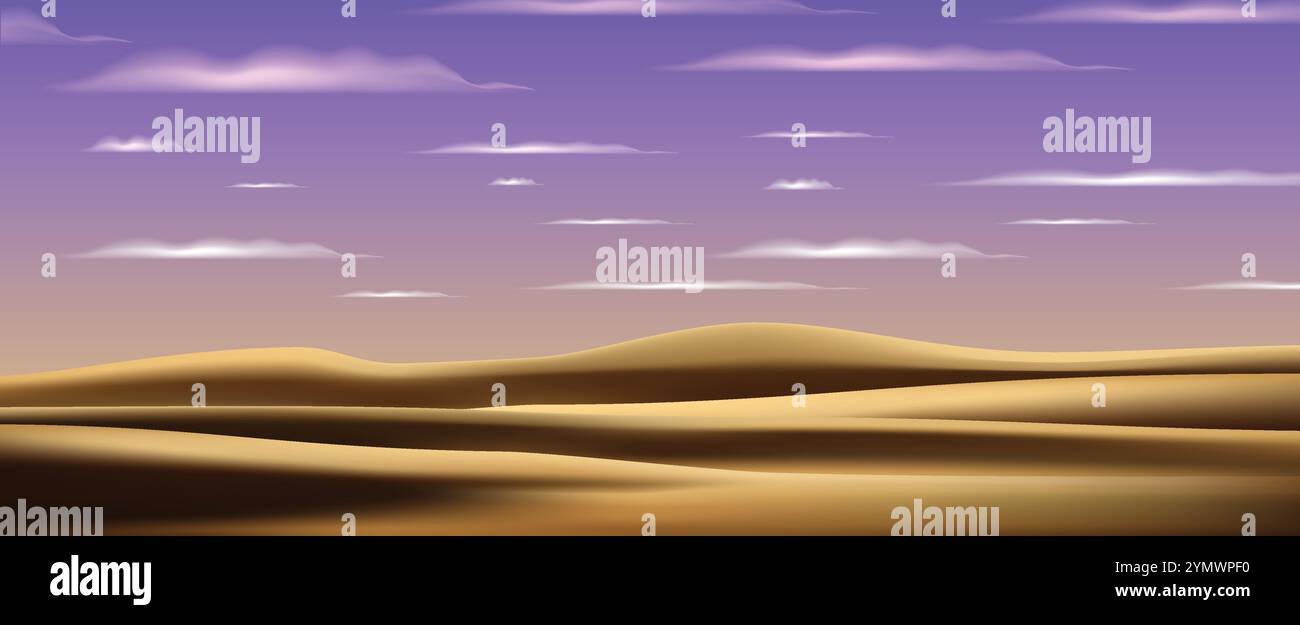 sunny desert landscape where sands shine with sky and clouds vector background Stock Vector