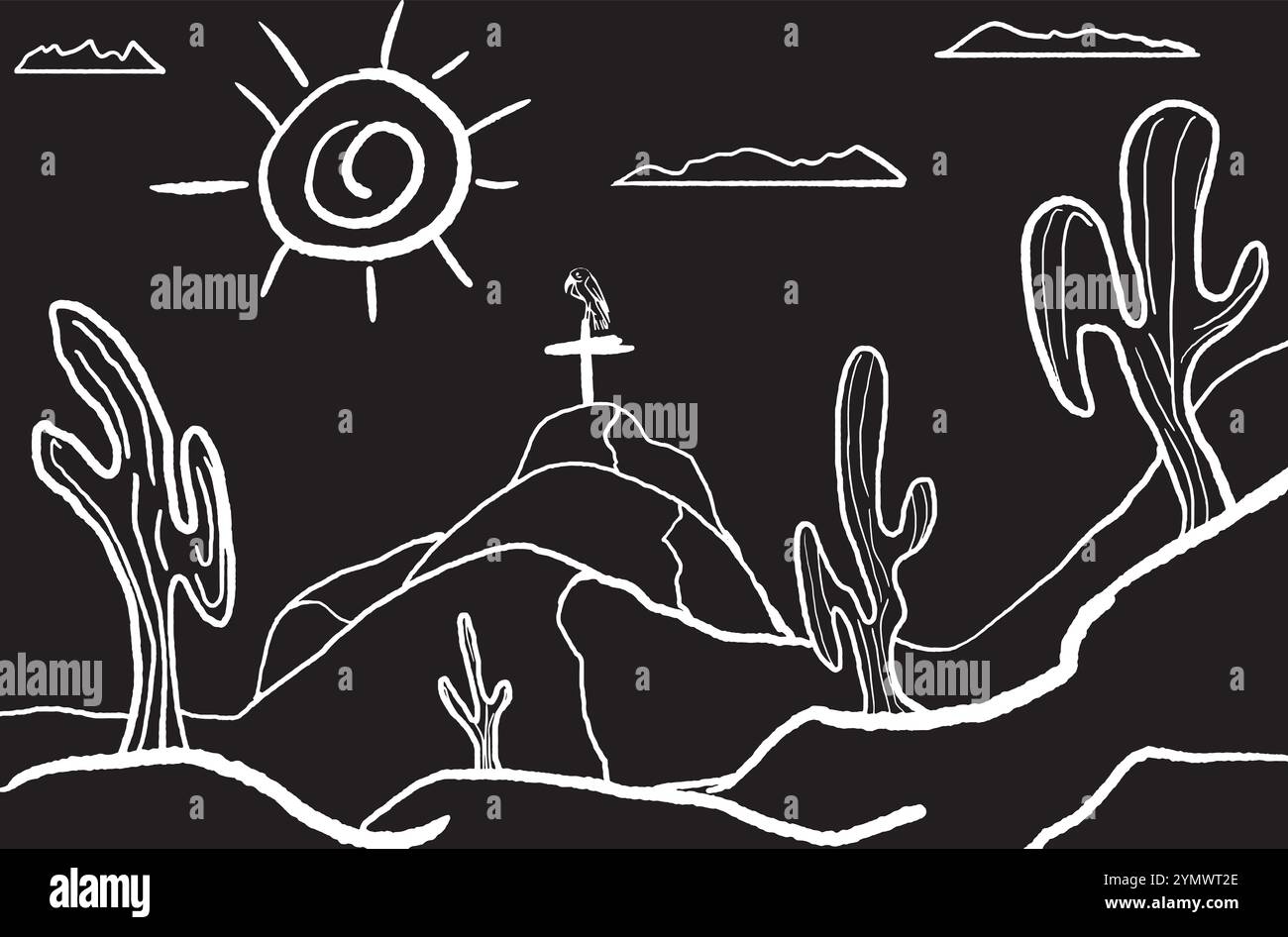 Hand drawn image of a vulture on a cross atop a hill in a desert landscape Stock Vector