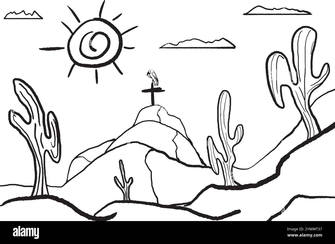 Hand drawn image of a vulture on a cross atop a hill in a desert landscape Stock Vector