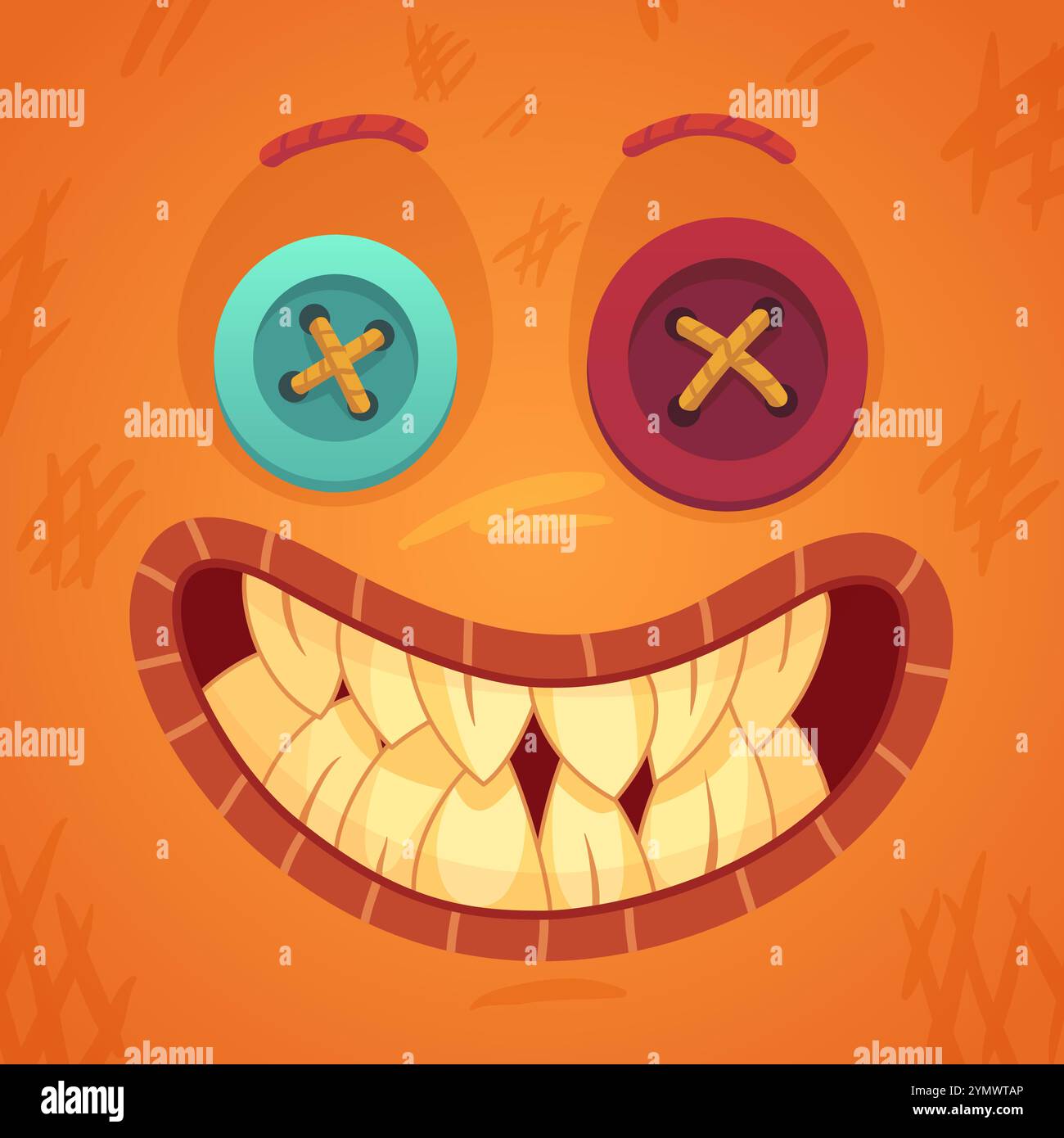 Creepy smiling voodoo doll face with button eyes and a stitched mouth showing sharp teeth, creating a spooky and playful halloween design Stock Vector