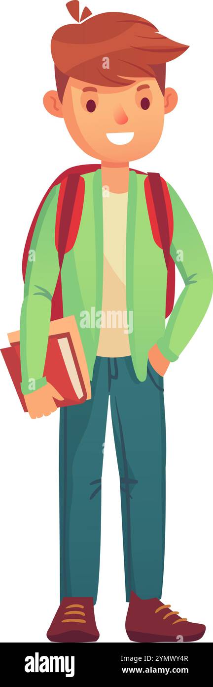 Happy student carrying books and a backpack, ready for education and ...