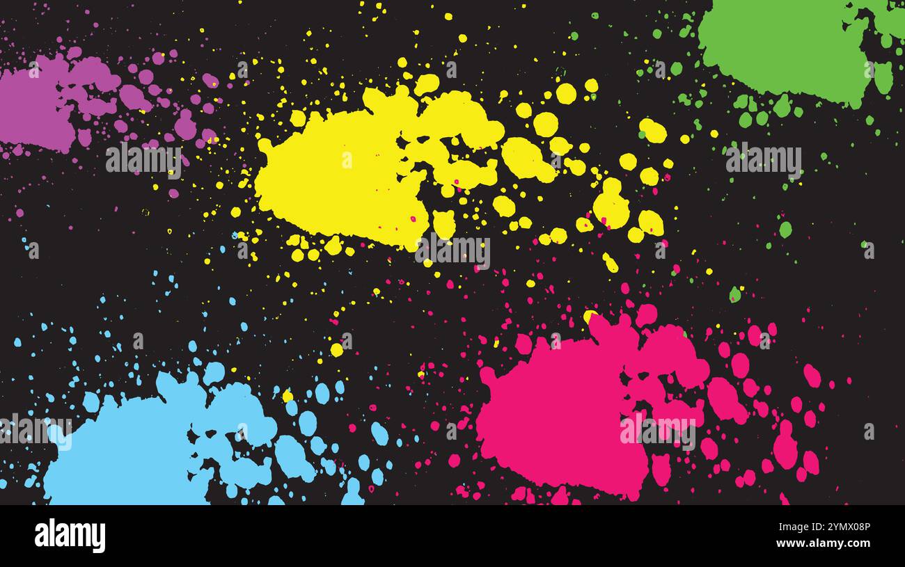 Colorful paint splattering on black background Stock Vector