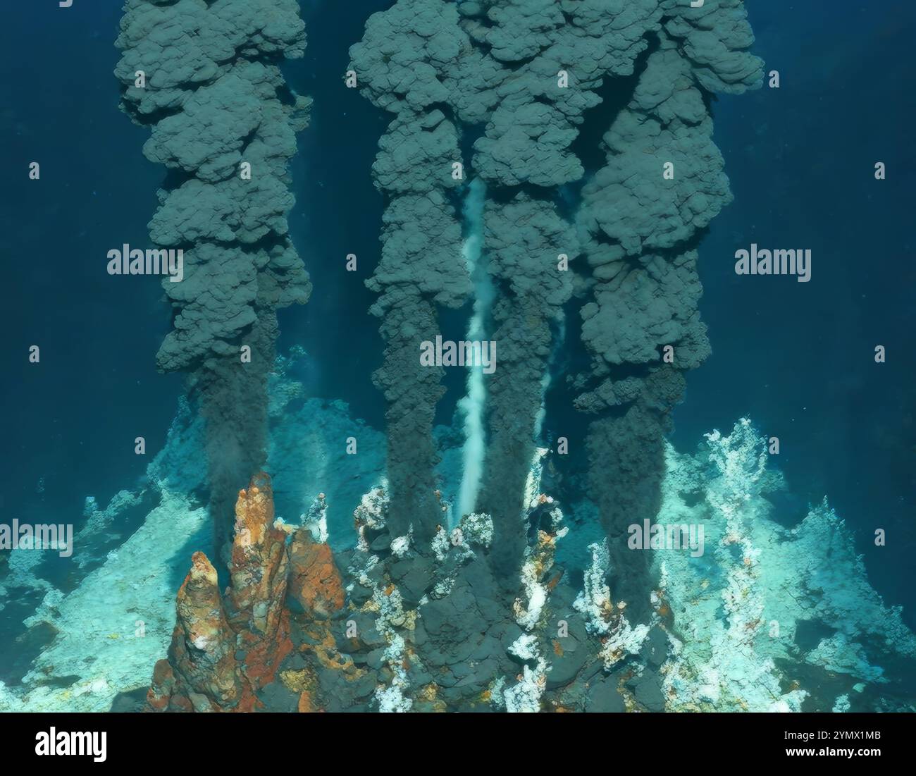 Hydrothermal vents in pacific ocean deep sea exploration 2025. Hydrothermal vents are fissures on the seabed from which geothermally heated water Stock Photo