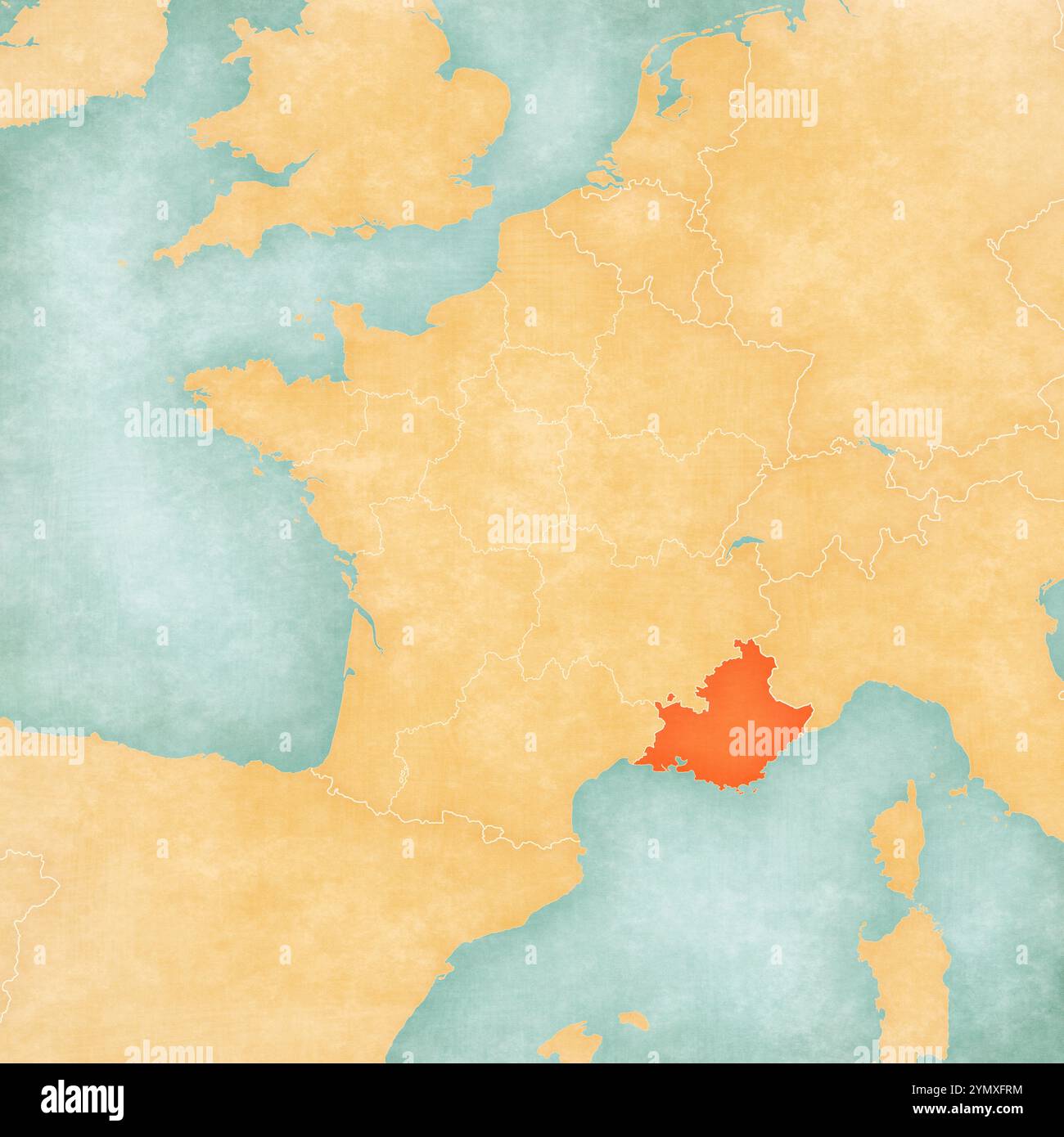 Provence-Alpes-Cote d'Azur on the map of France in soft grunge and ...