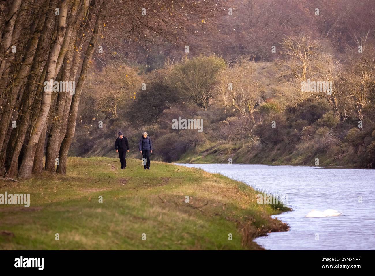 Amsterdam, North Holland, Netherlands - 19.05.2024: Two people walking along a riverside path surrounded by autumnal trees and a calm, serene landscap Stock Photo