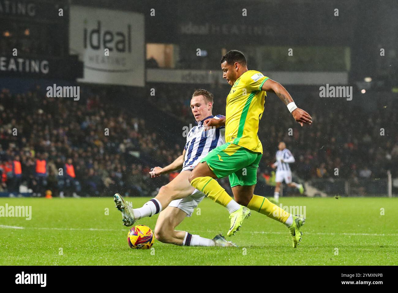 West Bromwich, UK. 23rd Nov, 2024. Torbjørn Heggem of West Bromwich Albion makes a last ditch tackle on Onel Hernández of Norwich City during the Sky Bet Championship match West Bromwich Albion vs Norwich City at The Hawthorns, West Bromwich, United Kingdom, 23rd November 2024 (Photo by Gareth Evans/News Images) in West Bromwich, United Kingdom on 11/23/2024. (Photo by Gareth Evans/News Images/Sipa USA) Credit: Sipa USA/Alamy Live News Stock Photo