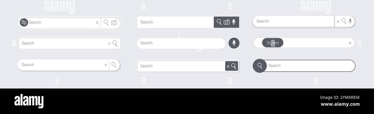Search bar 3d. Search internet box website ui, browser engine text field, navigation bar with button and icons. Interface light element templates with shadow. Vector isolated set. Stock Vector