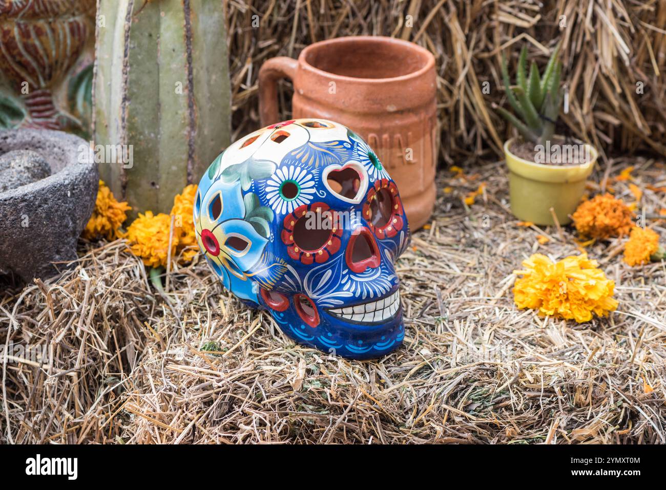 Day of the Dead shrines decorated with Mexican Marigolds (the flower of the dead) and other figures plus a painted (plastic) skull  in Bernal, Mexico. Stock Photo