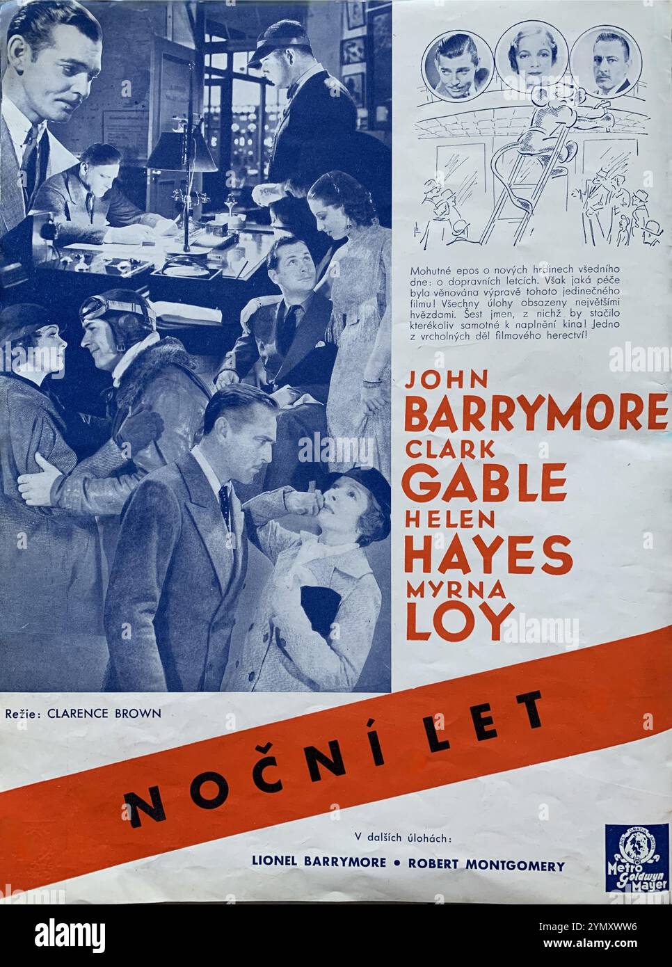 Czech Trade Ad for JOHN BARRYMORE CLARK GABLE HELEN HAYES MYRNA LOY ROBERT MONTGOMERY WILLIAM GARGAN and DOROTHY BUGRESS in NIGHT FLIGHT / NOCNI LET 1933 director CLARENCE BROWN novel Antoine de Saint-Exupery Metro Goldwyn Mayer (MGM) Stock Photo