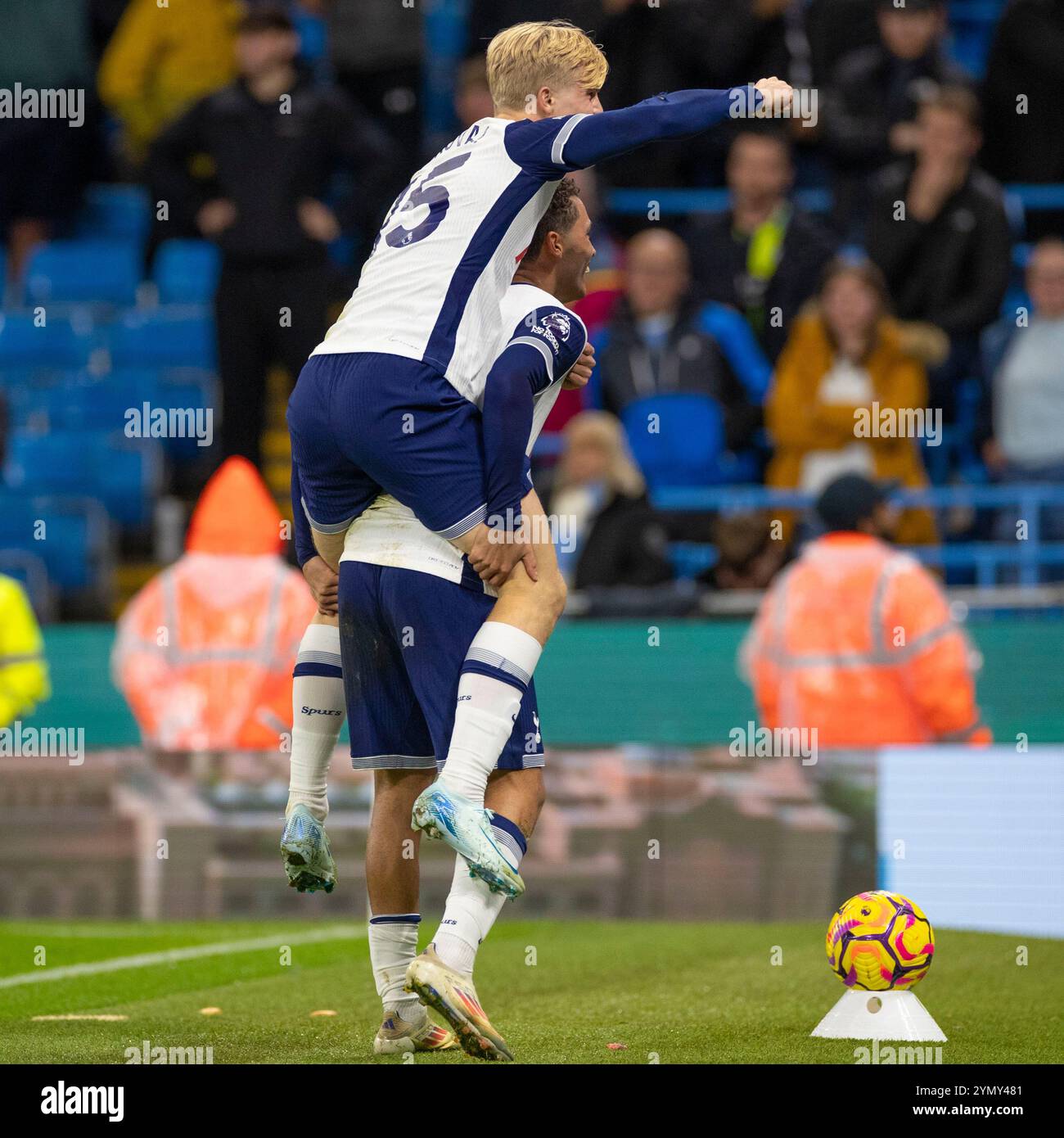 Goal 0-4 Brennan Johnson #22 of Tottenham Hotspur F.C. celebrates his goal with team-mates during the Premier League match between Manchester City and Tottenham Hotspur at the Etihad Stadium, Manchester on Saturday 23rd November 2024. (Photo: Mike Morese | MI News) Credit: MI News & Sport /Alamy Live News Stock Photo