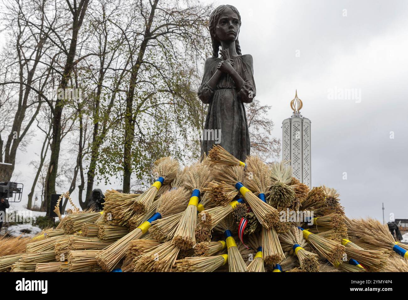 Kyiv, Ukraine. 23rd Nov, 2024. Wheat sheafs are left on the Bitter Memory of Childhood statue honoring the victims of the Holodomor famine on a snowy evening at the Pechersk Hills, November 23, 2024 in Kyiv, Ukraine. Ukraine marked the anniversary of mass starvation of Ukrainians by Stalin that killed 4 million people. Credit: Ukraine Presidency/Ukrainian Presidential Press Office/Alamy Live News Stock Photo