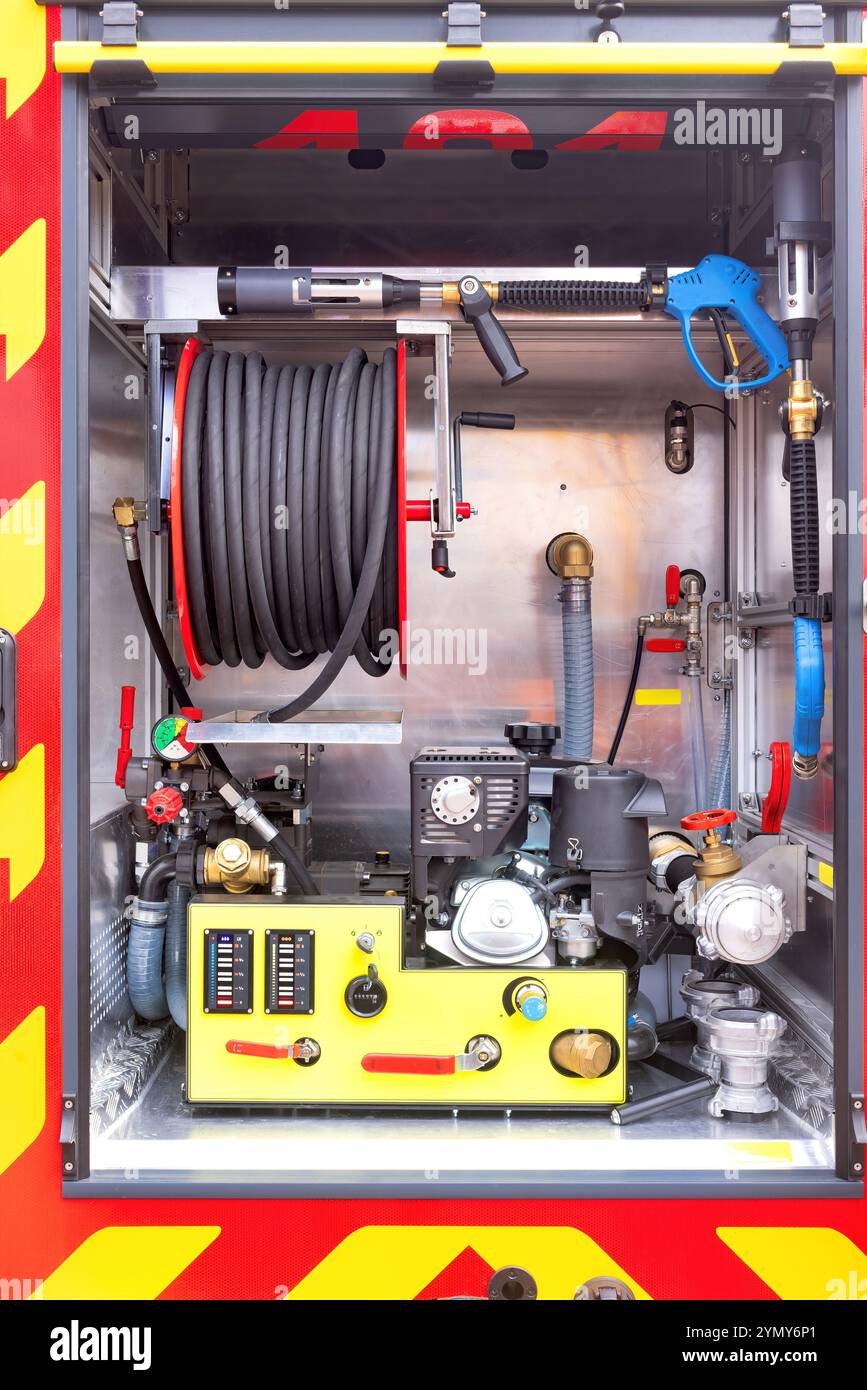 Essential firefighting equipment showcases power and precision in emergency response Stock Photo