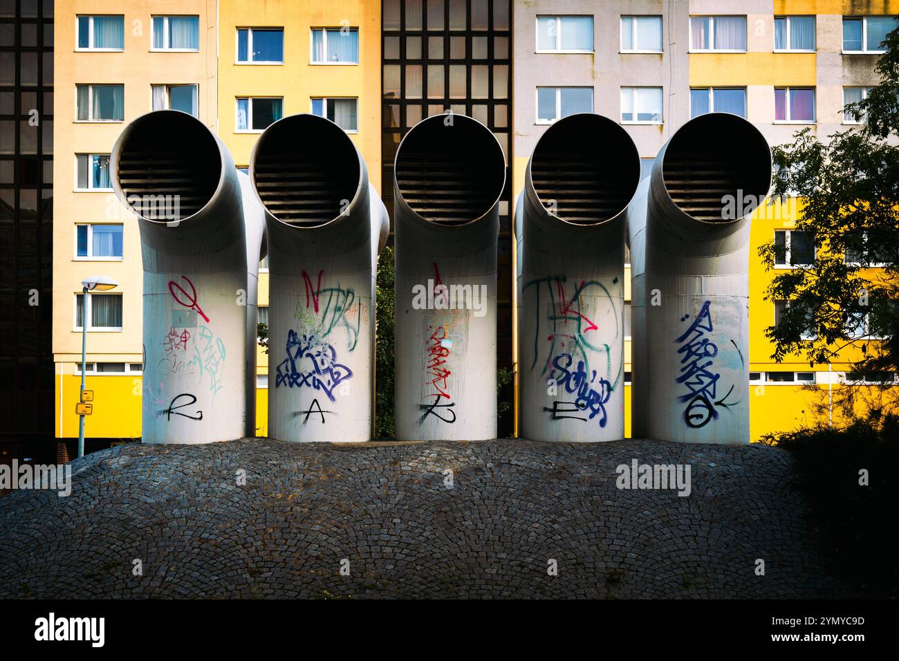 Urban Ventilation Shafts with Graffiti in Residential Area Stock Photo