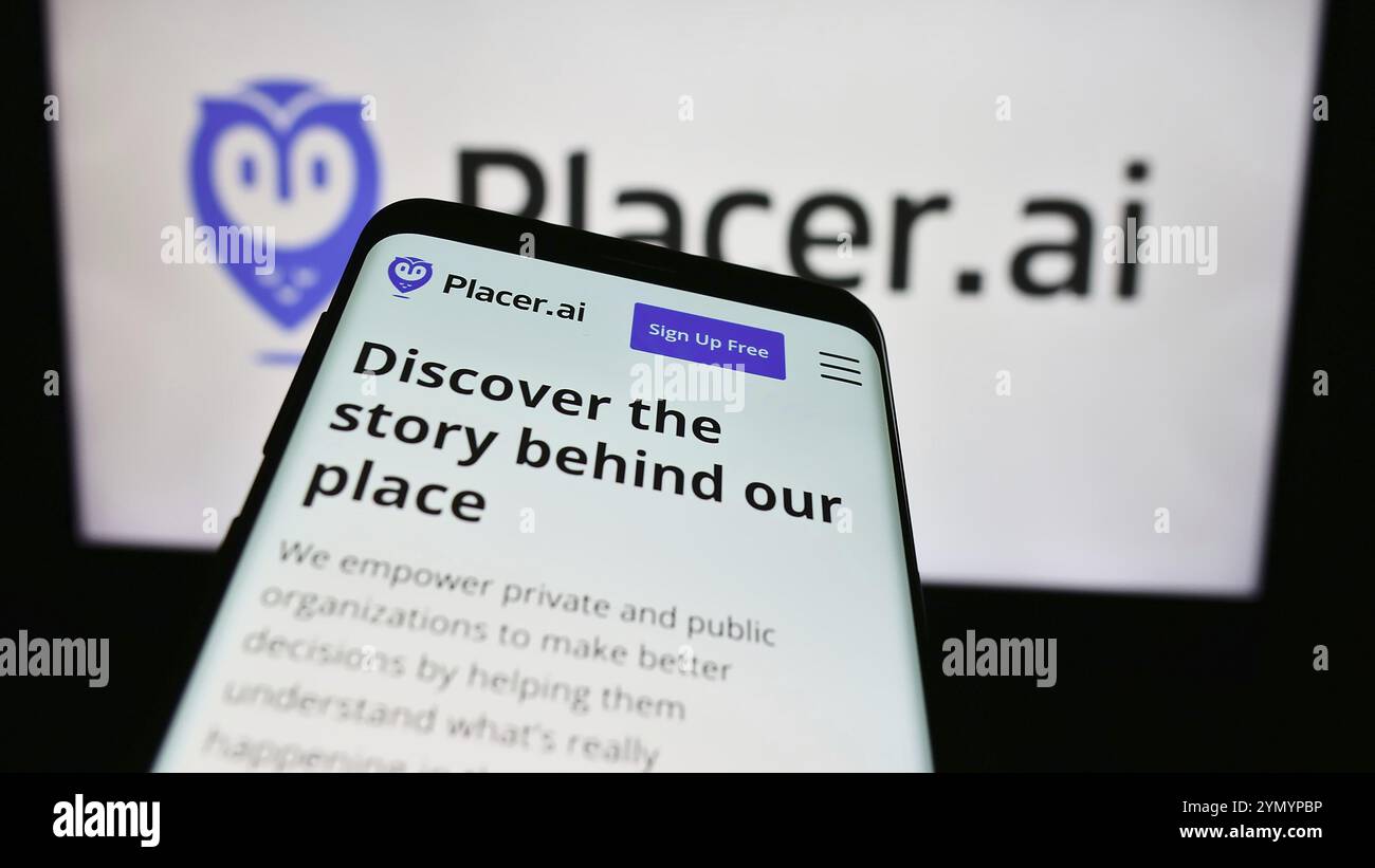 Stuttgart, Germany, 05-08-2024: Mobile phone with website of US traffic analytics software company Placer Labs Inc. in front of business logo. Focus o Stock Photo