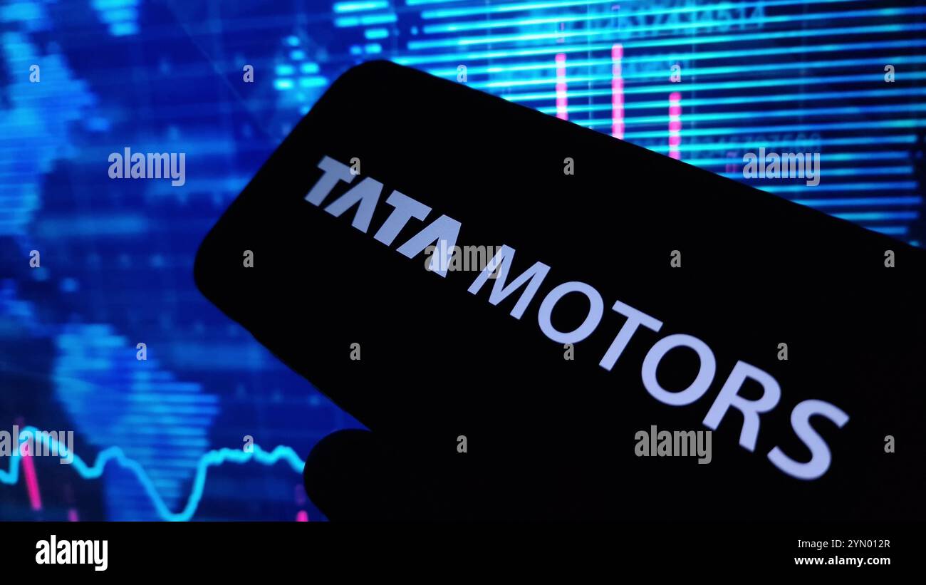 Konskie, Poland - November 23, 2024: Tata Motors company logo displayed on mobile phone Stock Photo