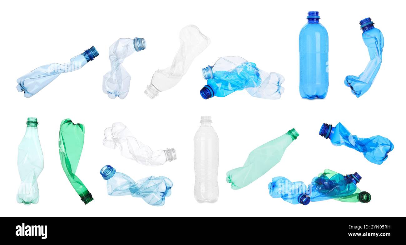Whole and crumpled plastic bottles on white background, collage Stock ...