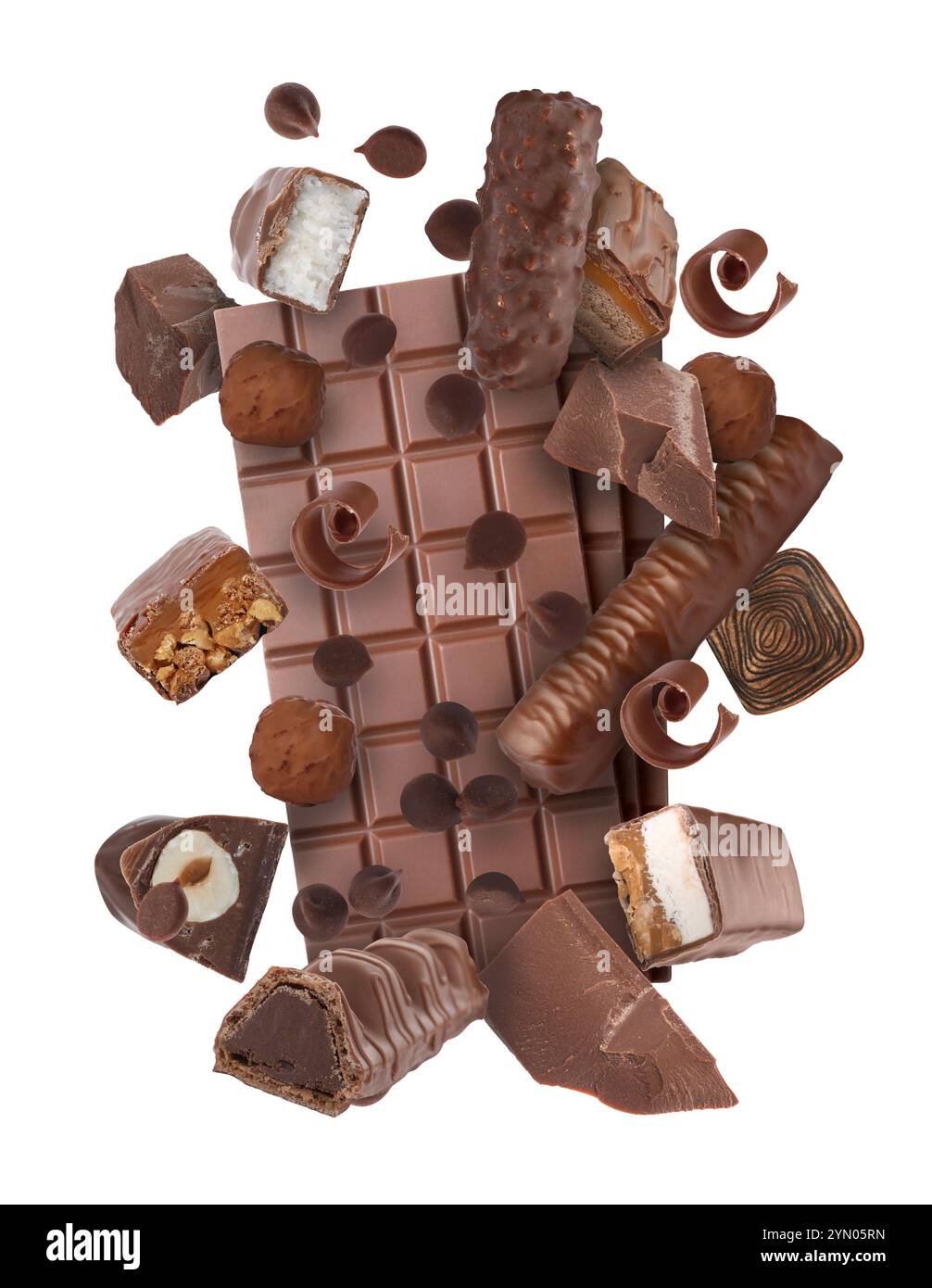Different chocolate products in air on white background Stock Photo