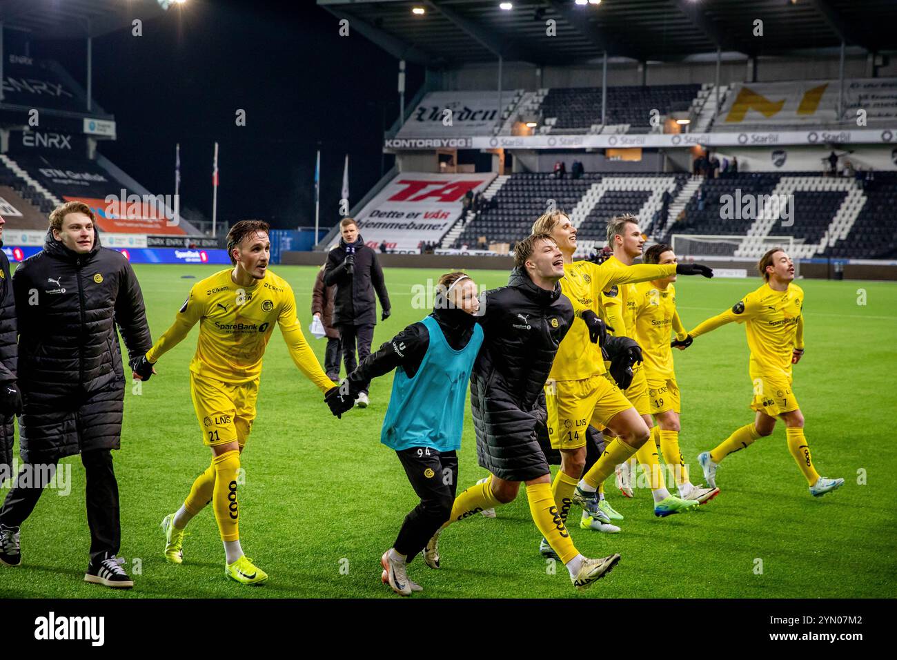 Skien, Norway, 23rd November 2024. Bodø/Glimt celebrate their important 2-0 win in the Eliteserien match between Odd and Bodø/Glimt at Skagerak Arena.   Credit: Frode Arnesen/Alamy Live News Stock Photo