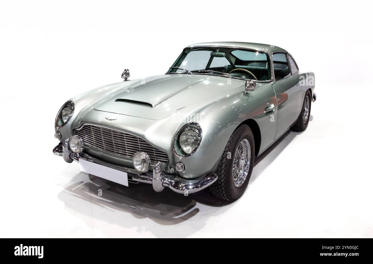 Aston Martin DB4 Vantage (1962) classic grand tourer car at the Geneva International Motor Show. Geneva, Switzerland - Feb 26, 2024 Stock Photo