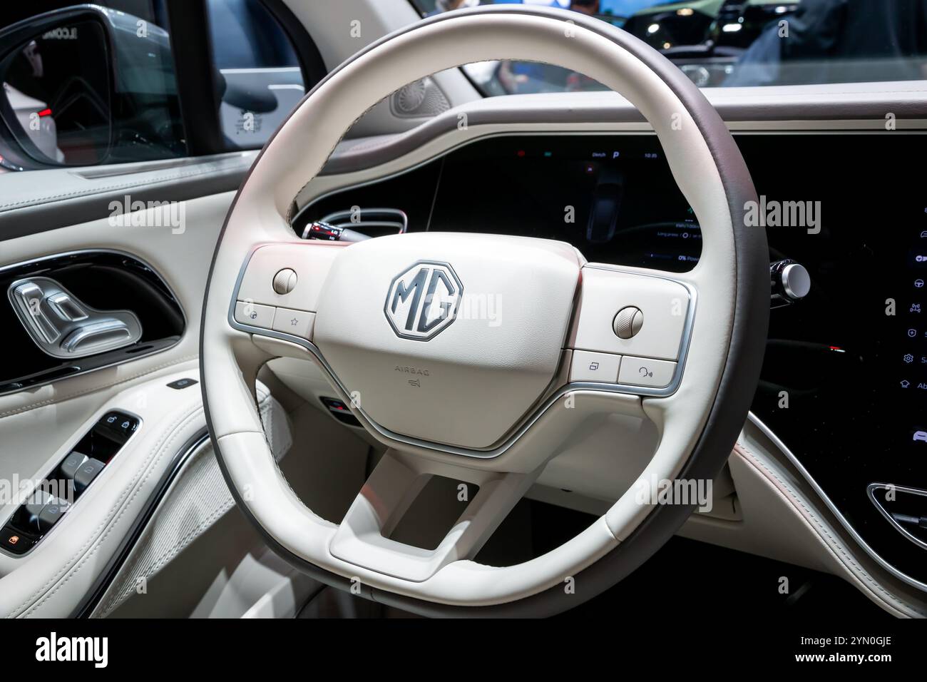 Interior dashboard steering wheel of the MG S9 EV (2025) car at the Geneva International Motor Show. Geneva, Switzerland - Feb 26, 2024 Stock Photo