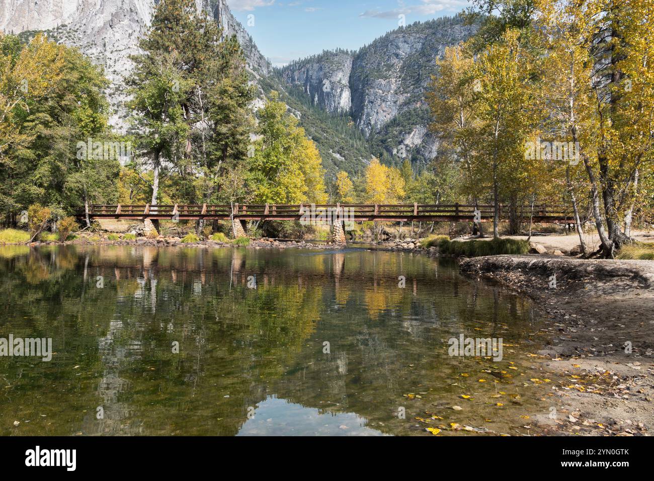 Yosemite Valley footbridge near Curry Village.  The bridge is named Superintendent's Bridge. Stock Photo