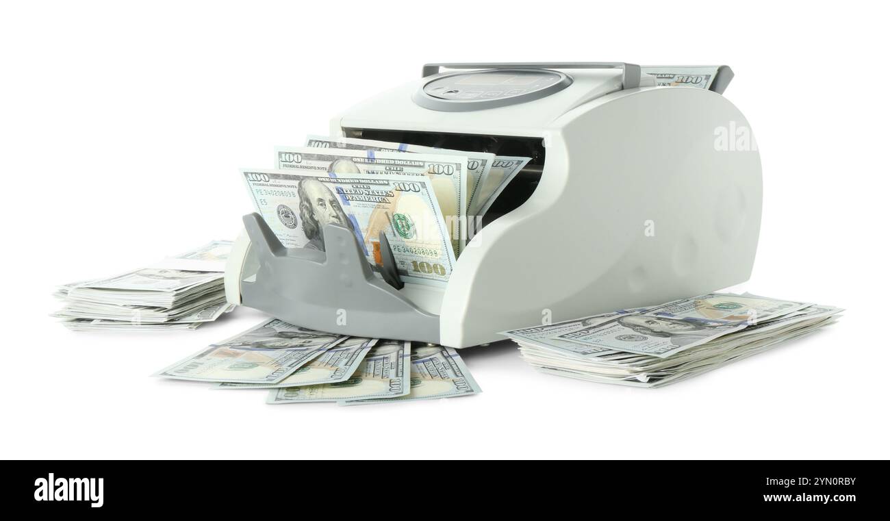 Money counter machine and dollar banknotes isolated on white Stock ...