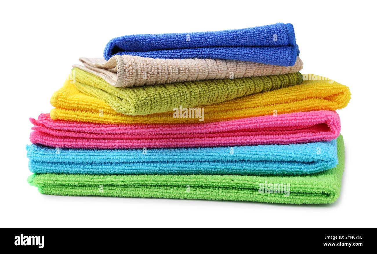 Stack different microfiber cloths isolated on white Stock Photo