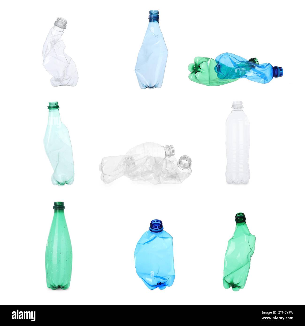 Whole and crumpled plastic bottles on white background, collage Stock ...
