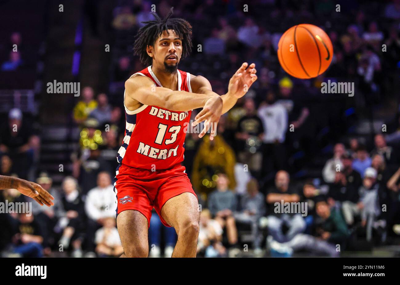 November 23, 2024: Detroit Mercy guard Jared Lary (13) passes the ball. NCAA basketball game between University of Detroit Mercy and Wake Forest University at Lawrence Joel Veterans Memorial Coliseum, Winston Salem. NC David Beach/CSM Stock Photo