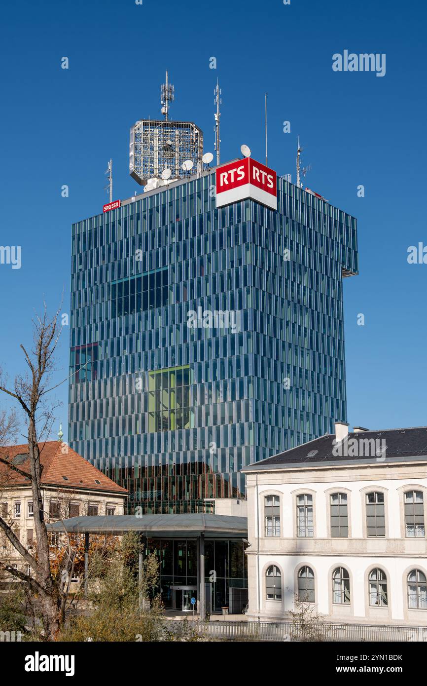 Headquarters of Radio Télévision Suisse (RTS), a public service audiovisual company belonging to the Swiss Broadcasting Corporation (SRG SSR) Stock Photo