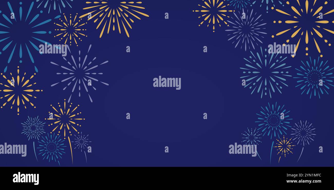 Colorful exploding fireworks on blue background. Festive salute. Stock Vector