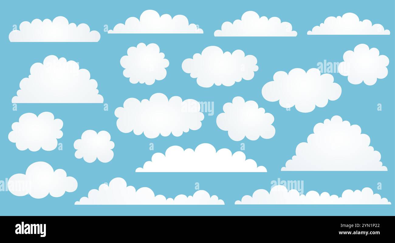 Set of White fluffy cloud flat design. Cartoon clouds on blue background. Stock Vector