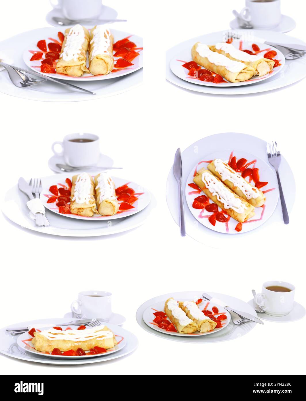 Collection-pancakes with rolled fruit inside and strawberry around. Isolated Stock Photo