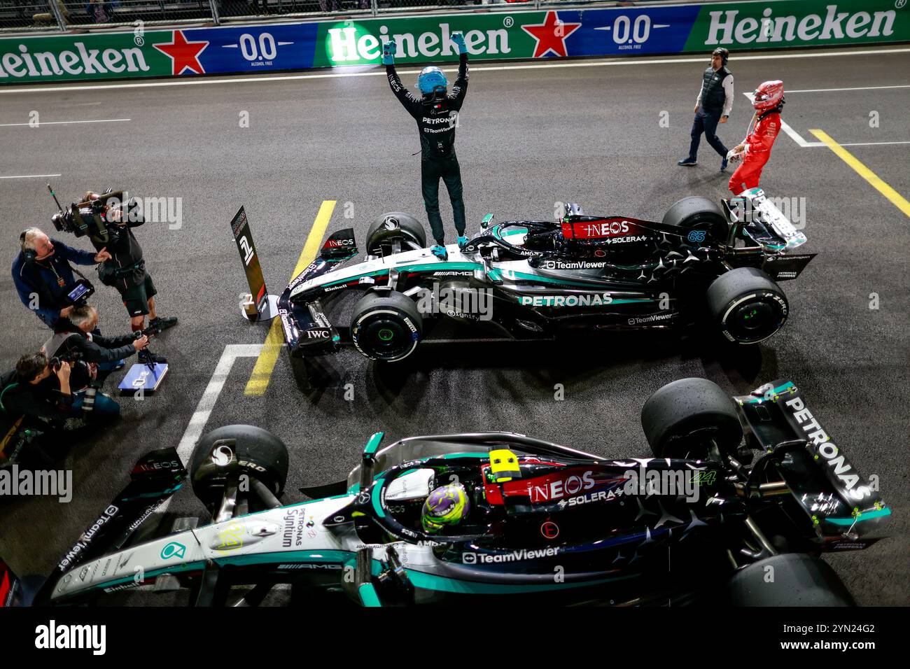 RUSSELL George (gbr), Mercedes AMG F1 Team W15, portrait race victory celebration during the Formula 1 Heineken Silver Las Vegas Grand Prix 2024, 22th round of the 2024 Formula One World Championship from November 21 to 23, 2024 on the Las Vegas Strip Circuit, in Las Vegas, United States of America Stock Photo