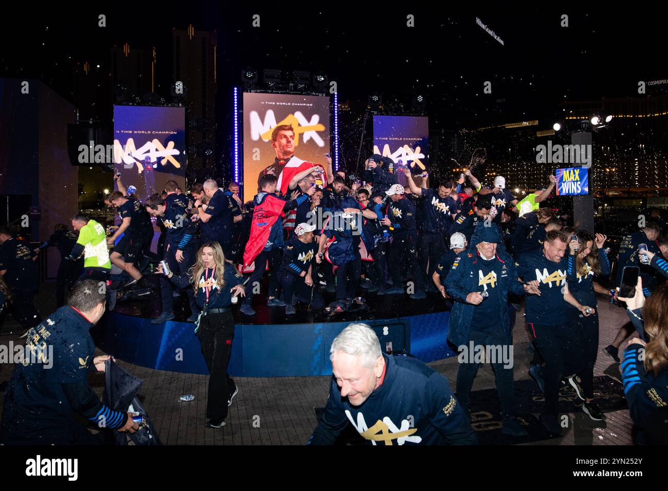 Red Bull Racing team celebrating 4th world champion title VERSTAPPEN Max (ned), Red Bull Racing RB20, during the Formula 1 Heineken Silver Las Vegas Grand Prix 2024, 22th round of the 2024 Formula One World Championship from November 21 to 23, 2024 on the Las Vegas Strip Circuit, in Las Vegas, United States of America Stock Photo