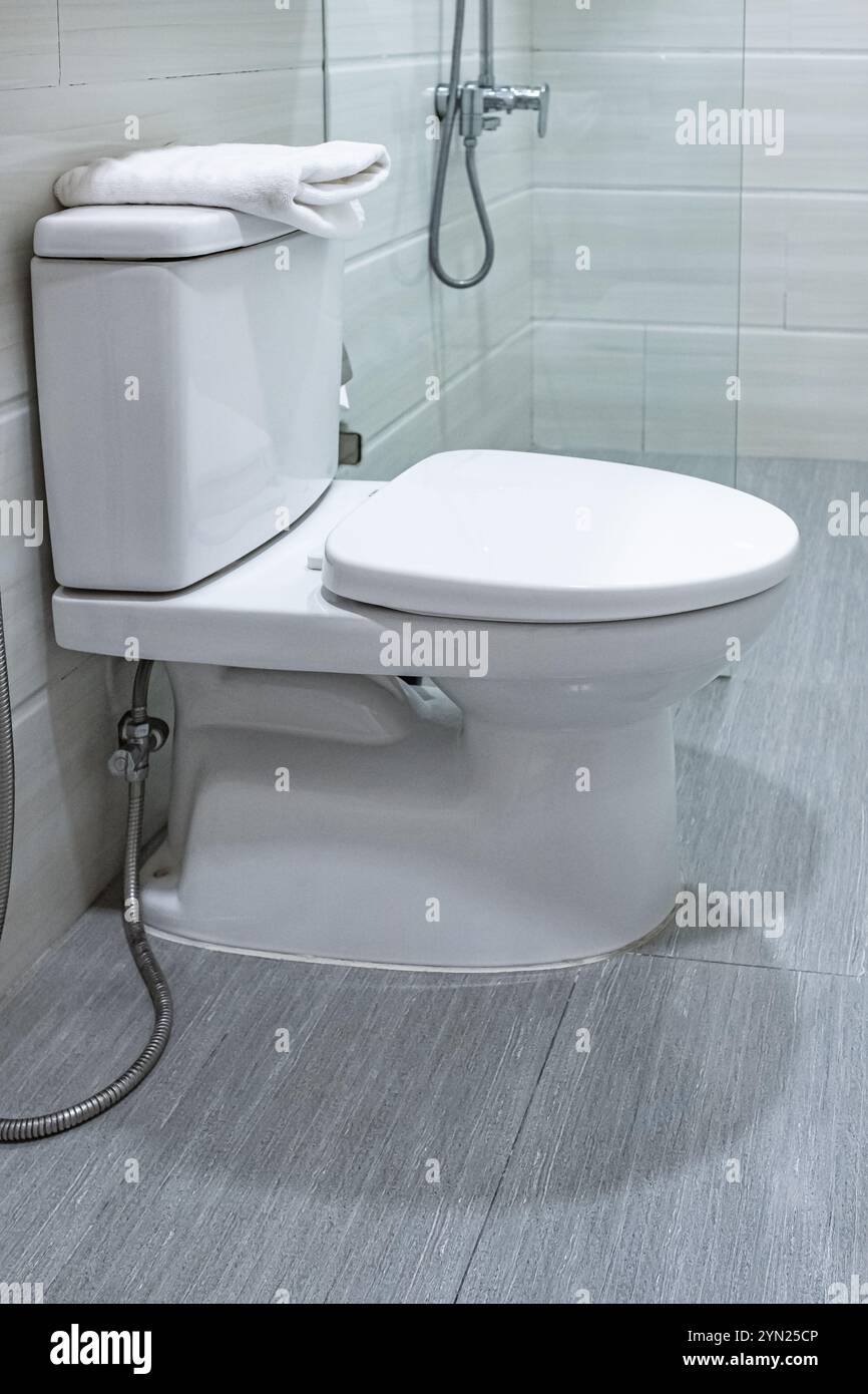 Toilet bowl in modern bathroom interior. White ceramic toilet bowl ...