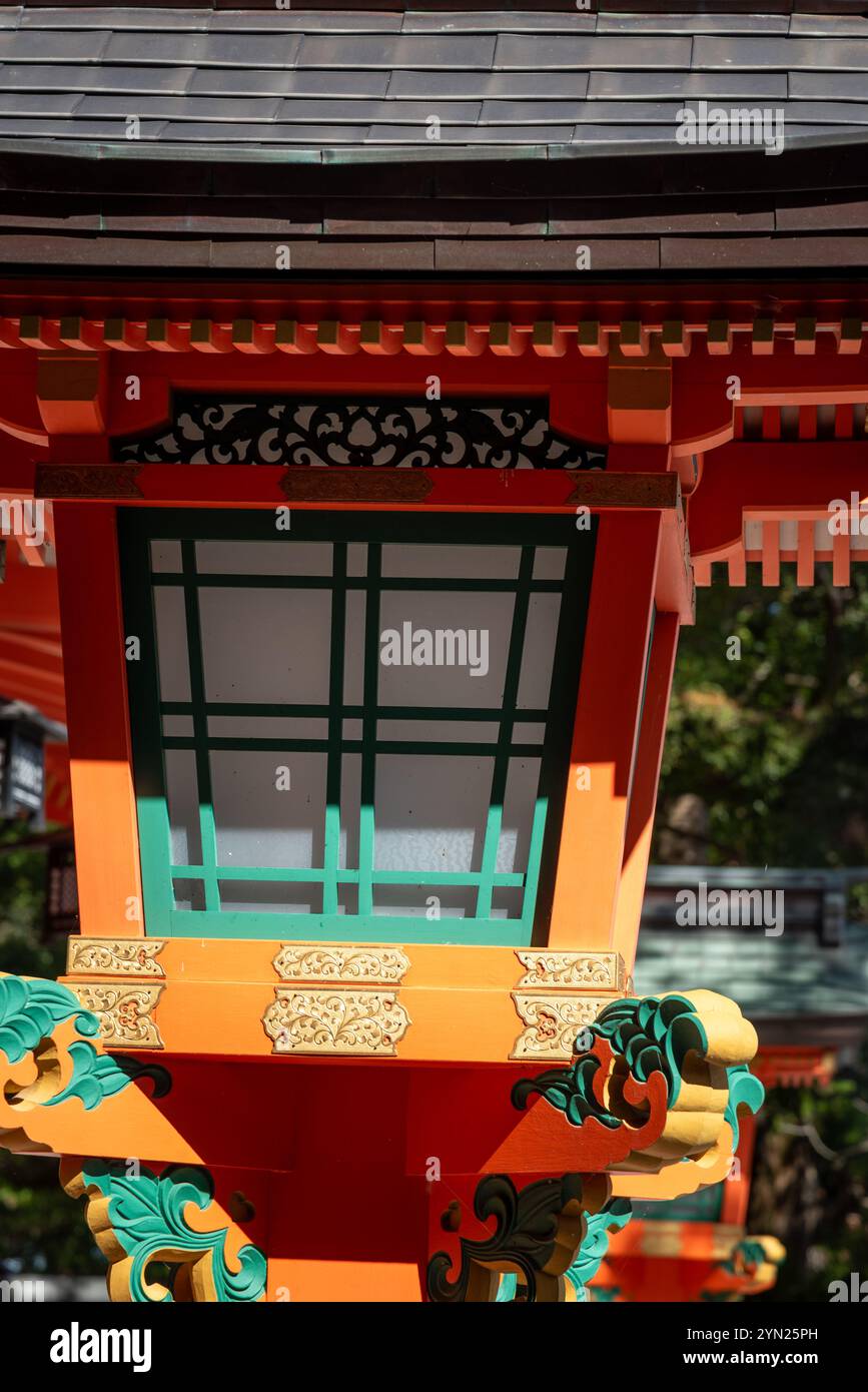 Red painted lantern at Kumano Nachi Taisha Grand Shinto shrine in Nachisan in Wakayama prefecture of Japan Stock Photo