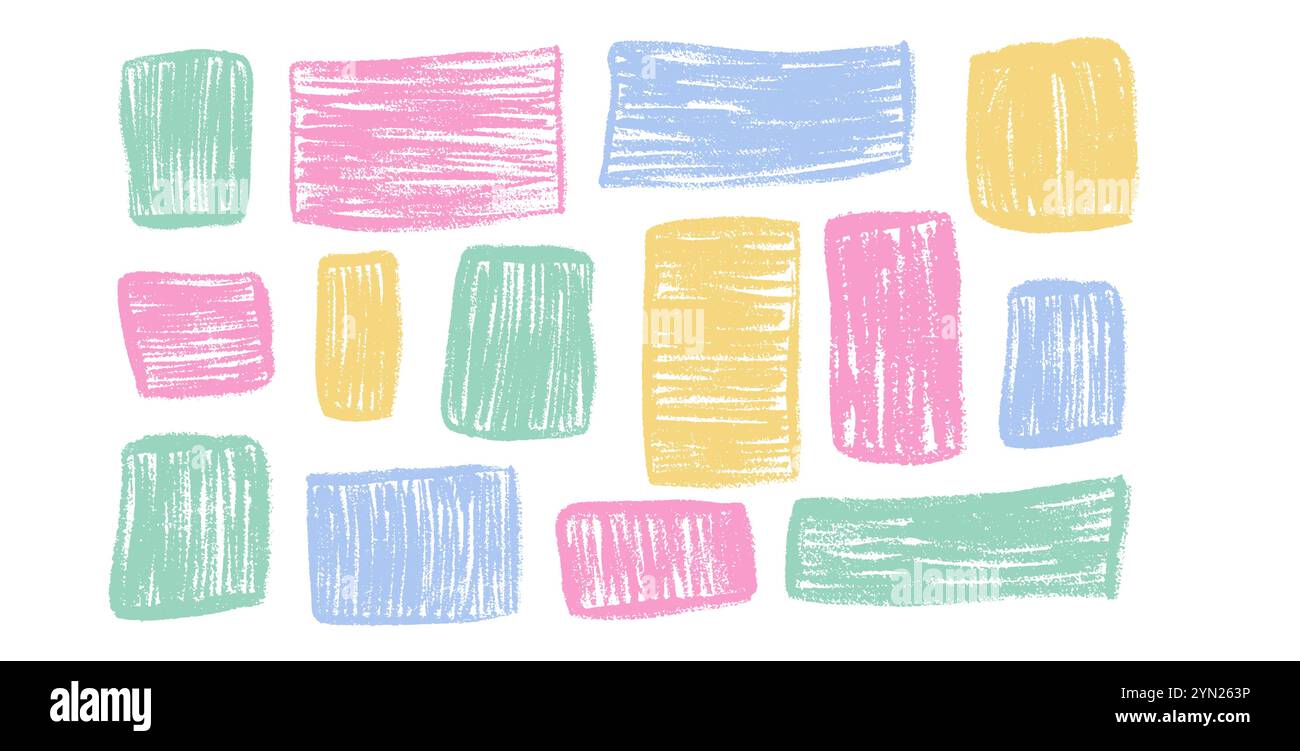 Crayon rectangle shape for text. Chalk blank templates. Scribble naive style geometric elements. Square frames for collage. Hand drawn vector illustra Stock Vector