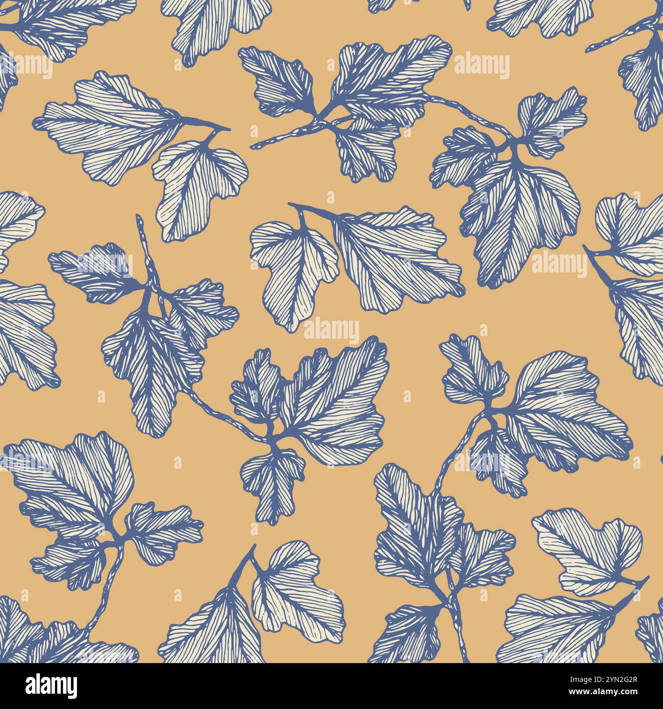 Tender blue and orange textured leaves pattern Stock Vector