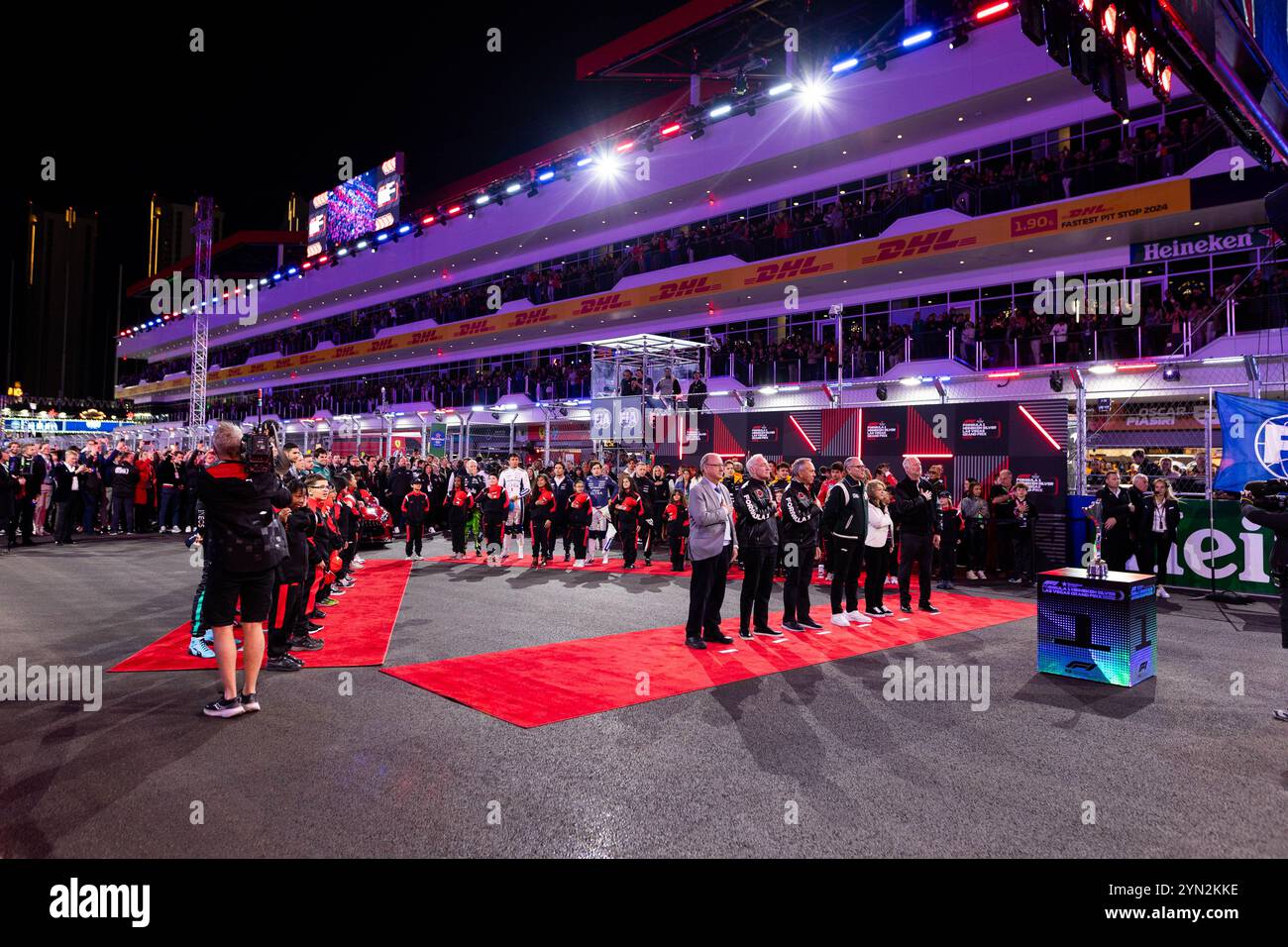 National anthem ambiance, grid during the Formula 1 Heineken Silver Las Vegas Grand Prix 2024, 22th round of the 2024 Formula One World Championship from November 21 to 23, 2024 on the Las Vegas Strip Circuit, in Las Vegas, United States of America Stock Photo