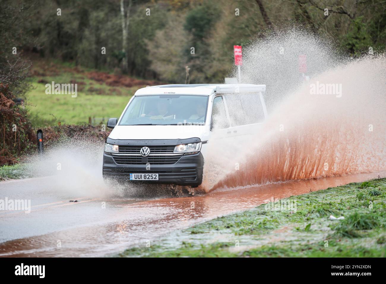 Kidderminster, Worcestershire, UK. 24th Nov, 2024. UK Weather: Vehicles encounter hazardous driving conditions on the A442 near Kidderminster, Worcestershire, as rainwater run-off creates spectacular puddles. Credit: Peter Lopeman/Alamy Live News Stock Photo