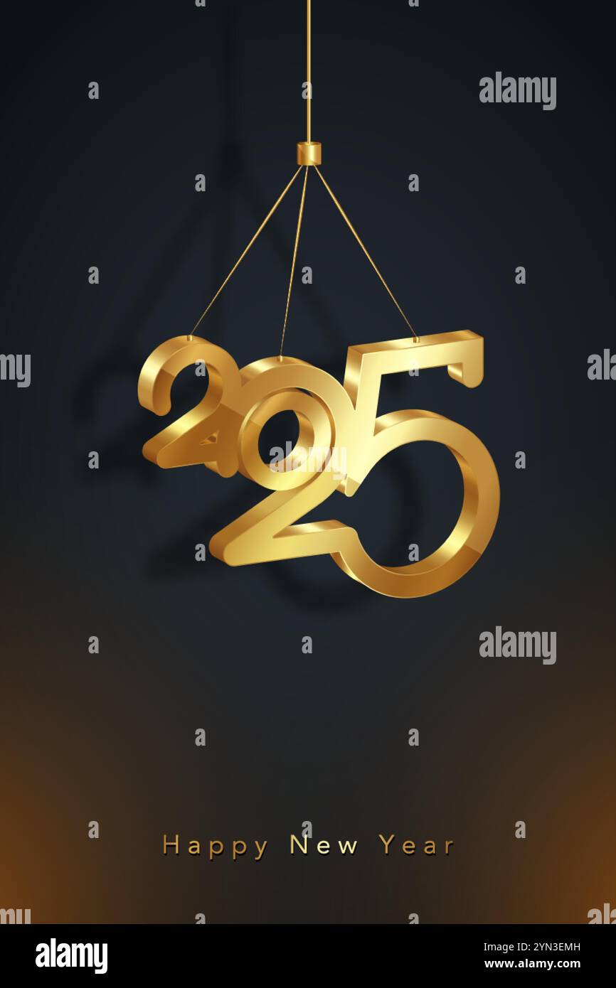 Happy New Year 2025, hanging gold 3D numbers. Holiday greeting card design. Vector illustration for greeting card, invitation, calendar, party, golden Stock Vector