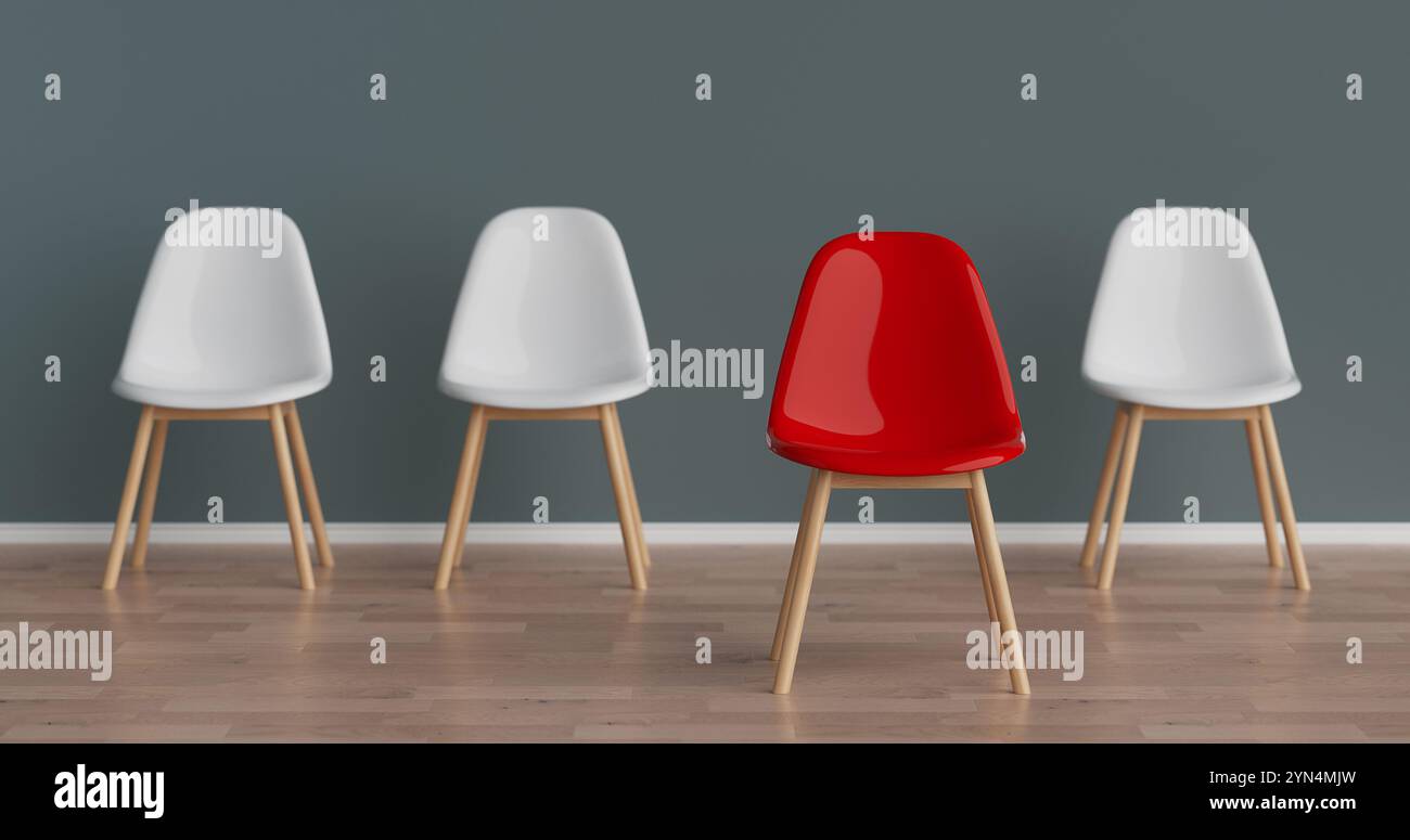 Success Concept. Row of White Office Chairs with One Red Moving Forward ...