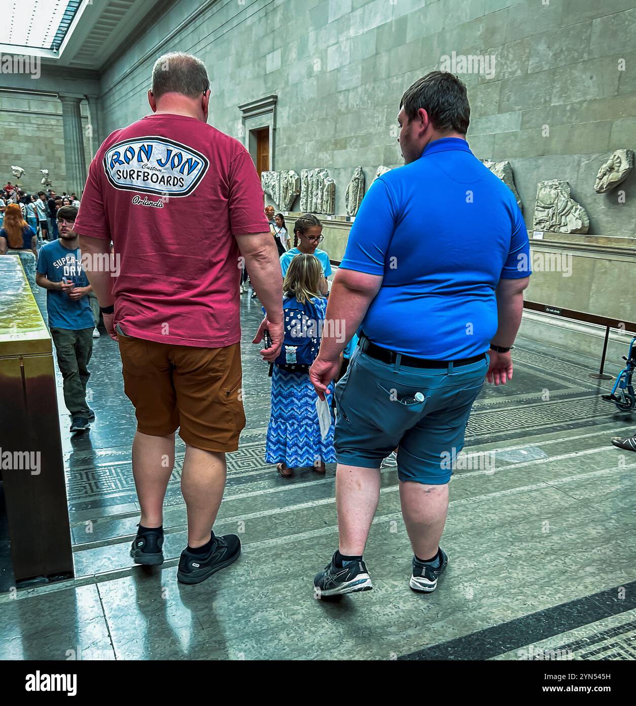 London, England,  inside, Art Exhibit , Collection, The British Museum, 'The Parthenon Marbles' Ancient Greek Sculptures on Display, Obese Men Stock Photo