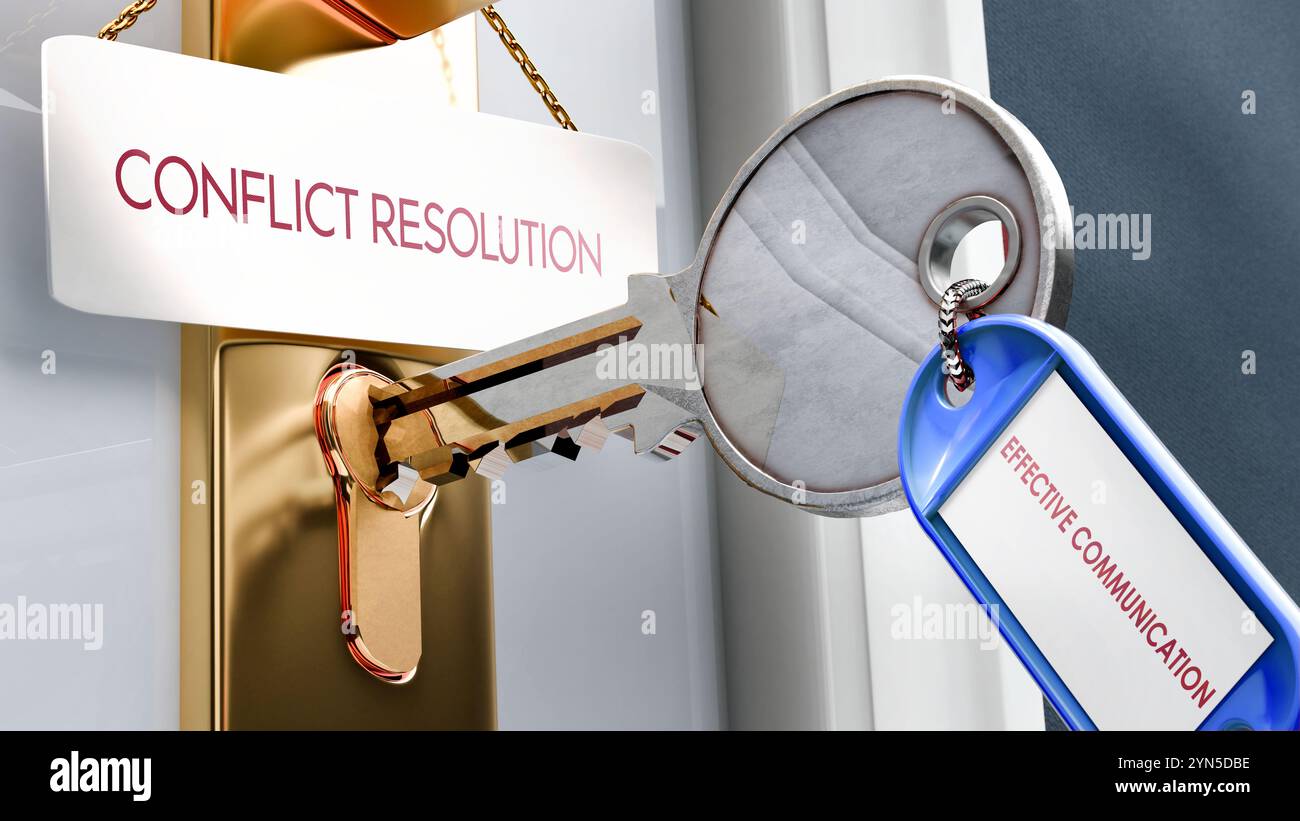 Effective Communication leads to Conflict Resolution - it's a key to unlock conflict resolution. A door key metaphor Stock Photo