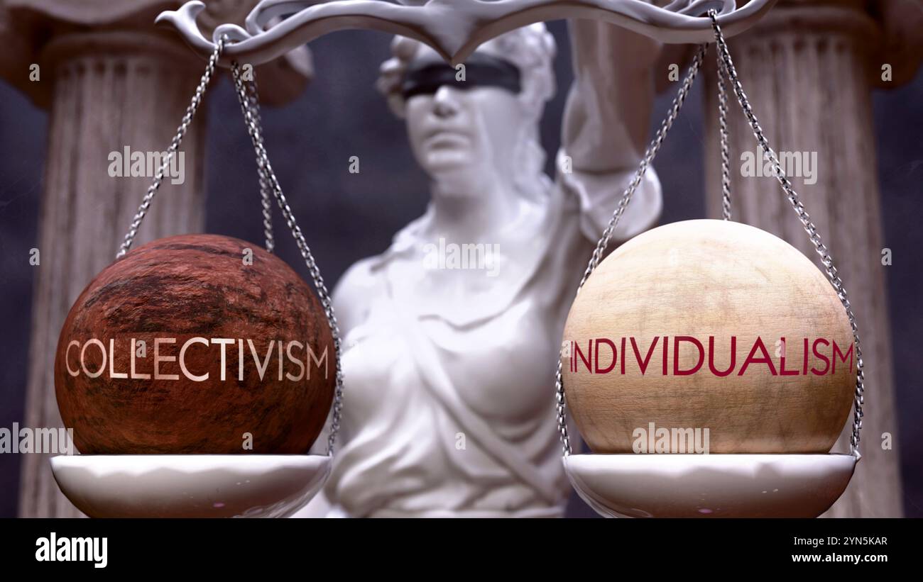 Collectivism or Individualism as a choice, two options to choose from. Greek statue presenting two alternatives: collectivism or individualism, weighi Stock Photo