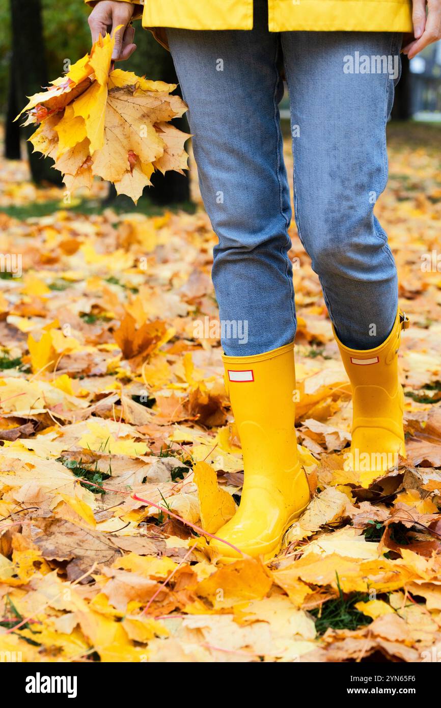 autumn - girl in yellow rubber boots and yellow maple leaves Stock ...