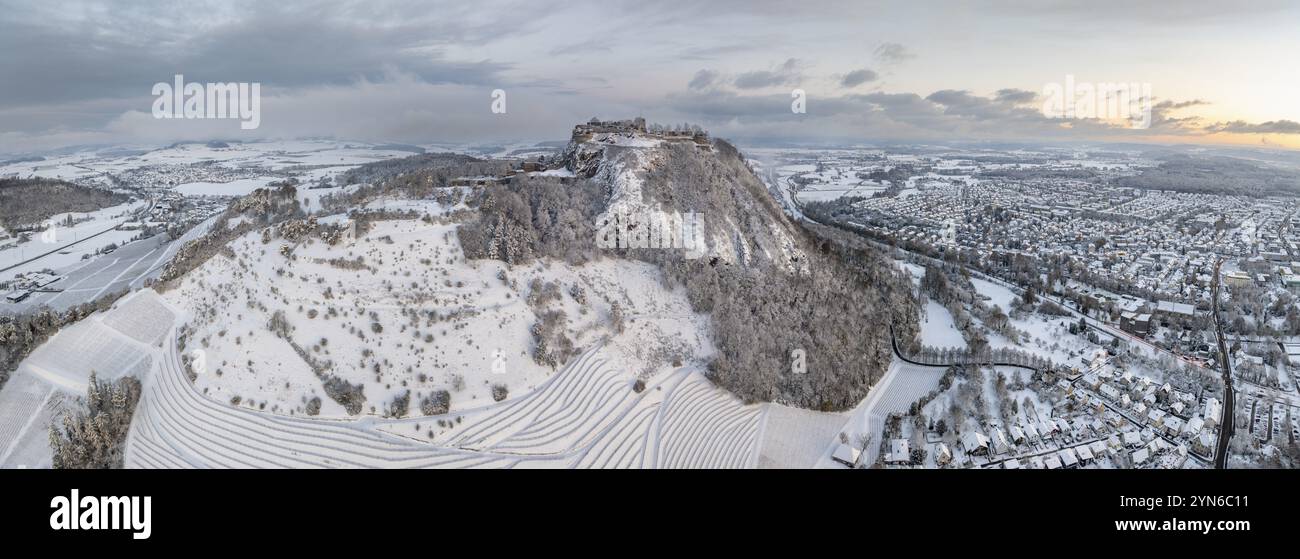 Volcano In Germany Aerial view, panorama of the snow-covered Hegau volcano Hohentwiel with ...
