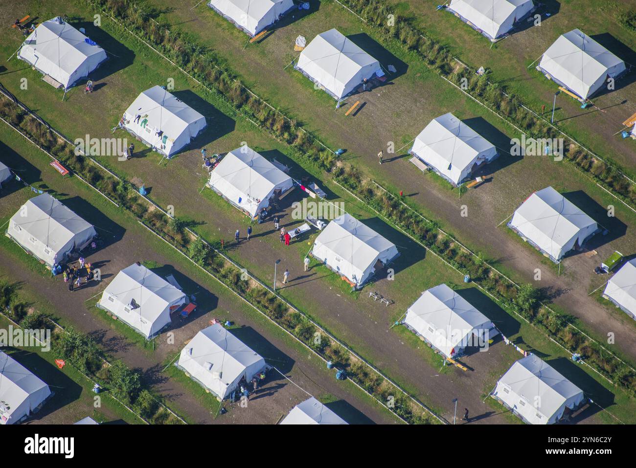 Tent camp, tent, accommodation, emergency accommodation, asylum, asylum seekers, aerial view, Hamburg Stock Photo