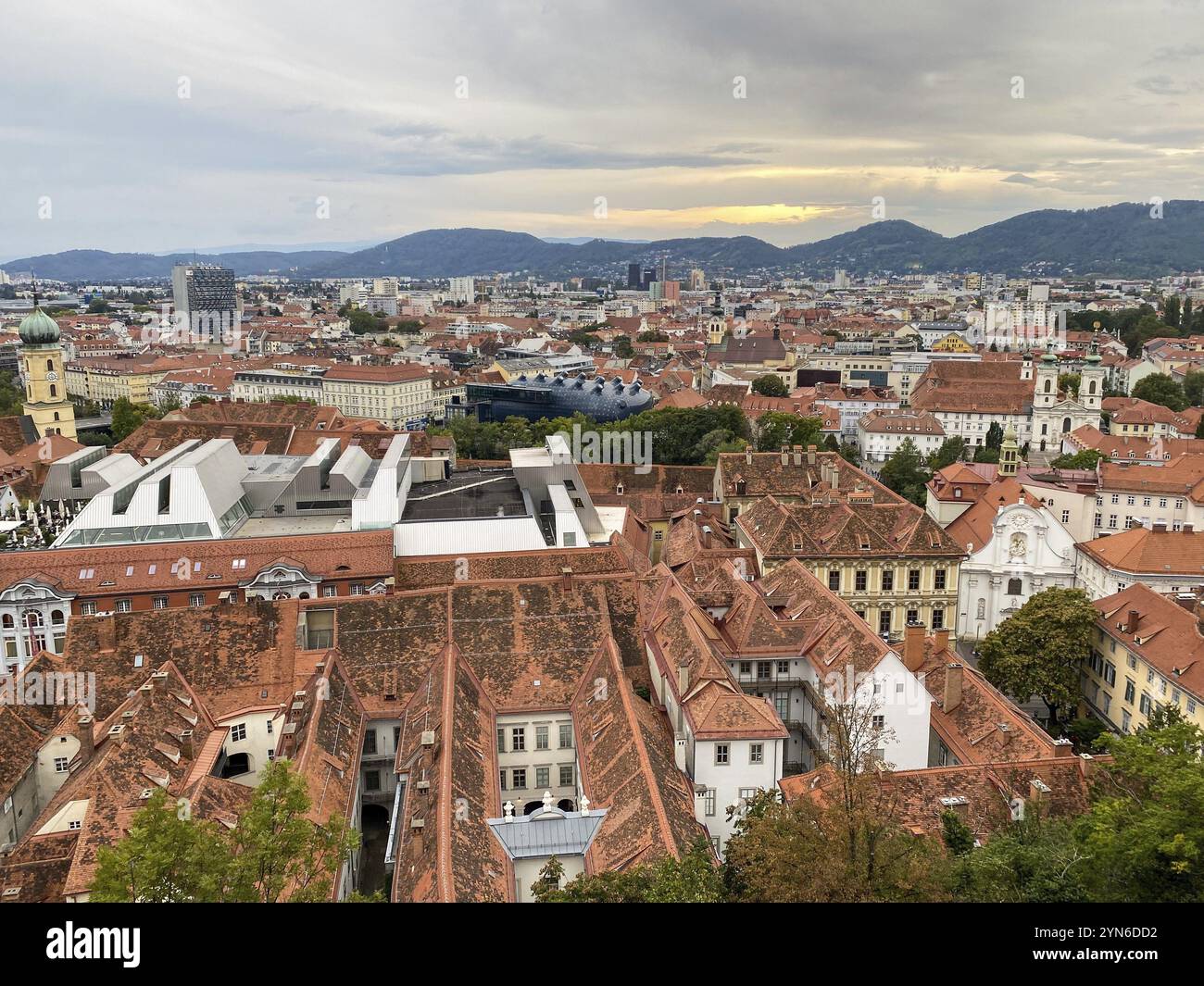 Scenic panoramic view of downtown Graz, seen from the Schlossberg ...
